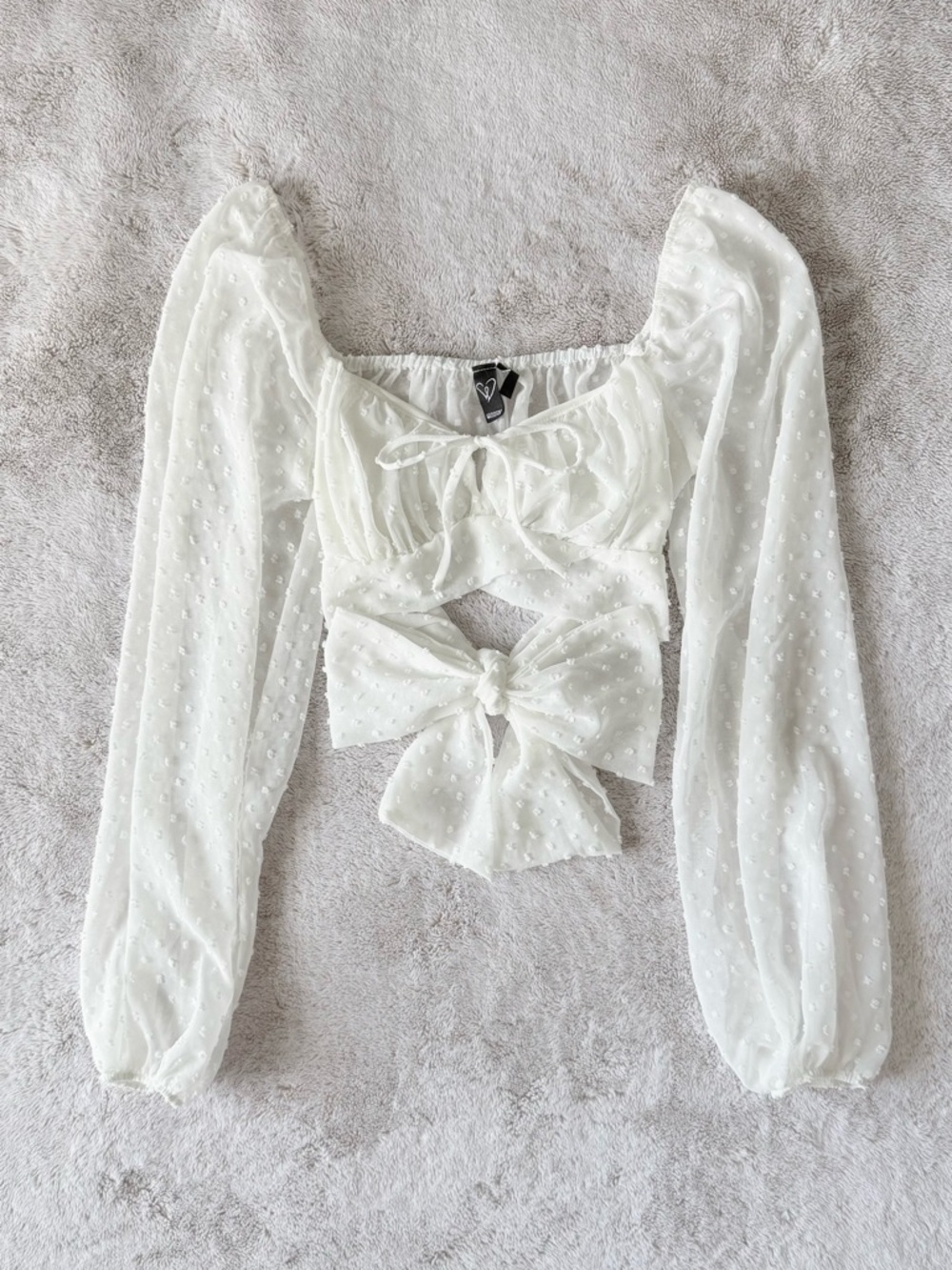 Windsor White Swiss Dot Tie-Back Puff Sleeve Crop Top
